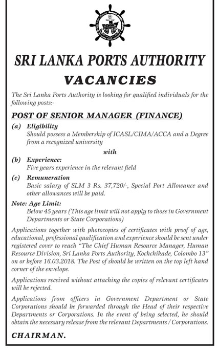 Senior Manager (Finance), Assistant Manager - Sri Lanka Ports Authority